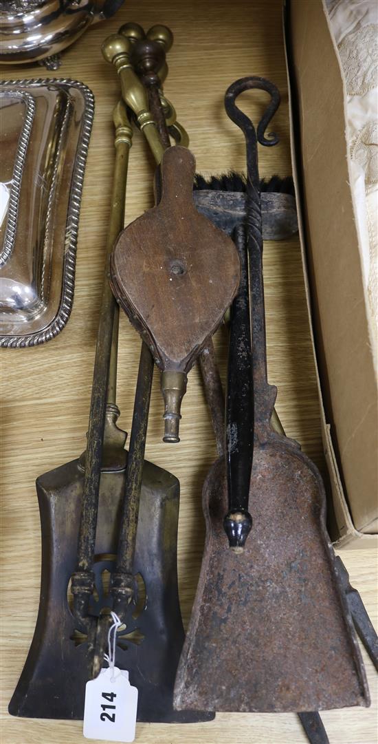 A set of three Victorian fire brasses, bellows and sundry irons